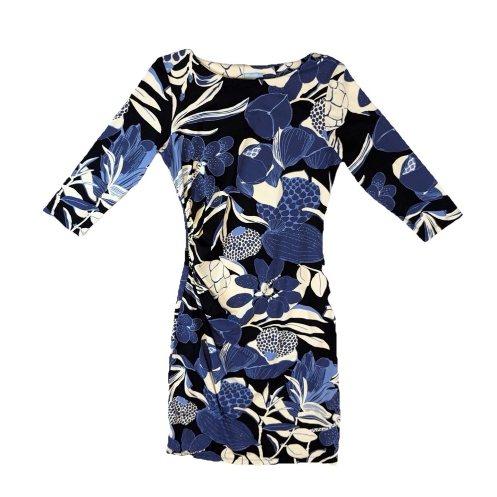 J McLaughlin Size S Blue Floral Catalina Cloth Ruched Sheath Dress 3/4 Sleeve - Picture 3 of 15